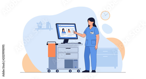 Nurse using computer for patient data on medical cart in clinic office