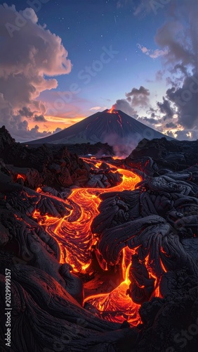 Fiery lava river flows from erupting volcano under starry twilight sky