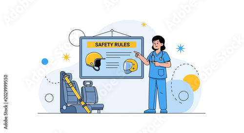 Nurse teaching safety rules with helmet and car seat illustration
