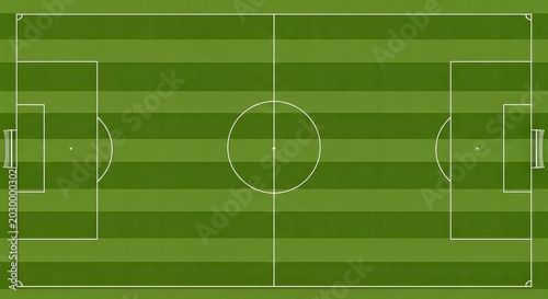 Top-down view of a soccer field with all markings and goals clearly visible on green striped grass.