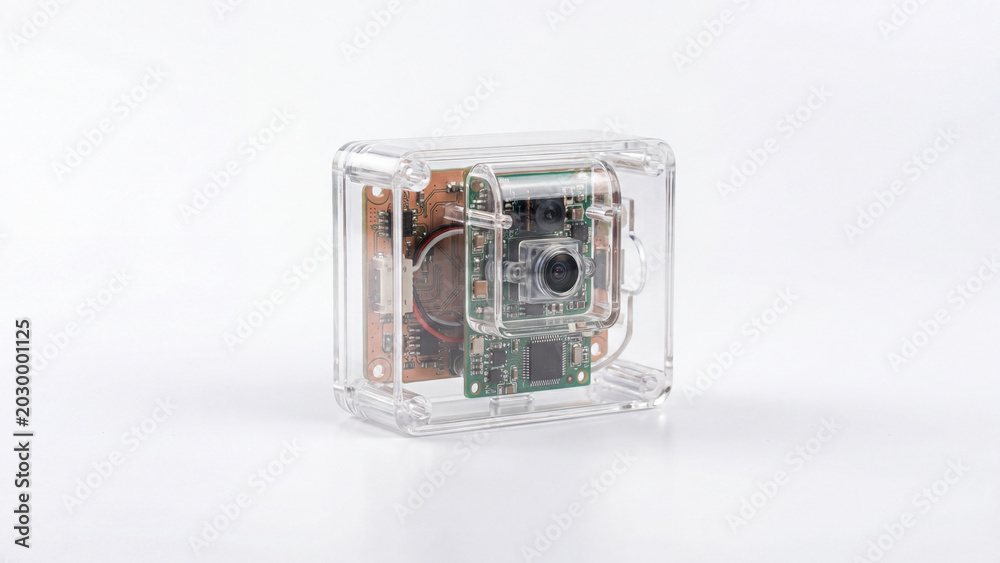Fototapeta premium Transparent camera device displaying technology components on white background