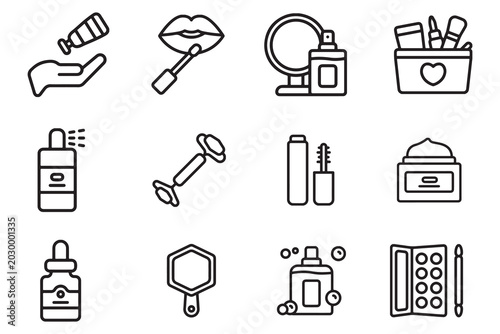 Professional Skincare and Cosmetic Icon Set - Beauty Product Symbols, Makeup Tools, and Dermatological Care Illustrations