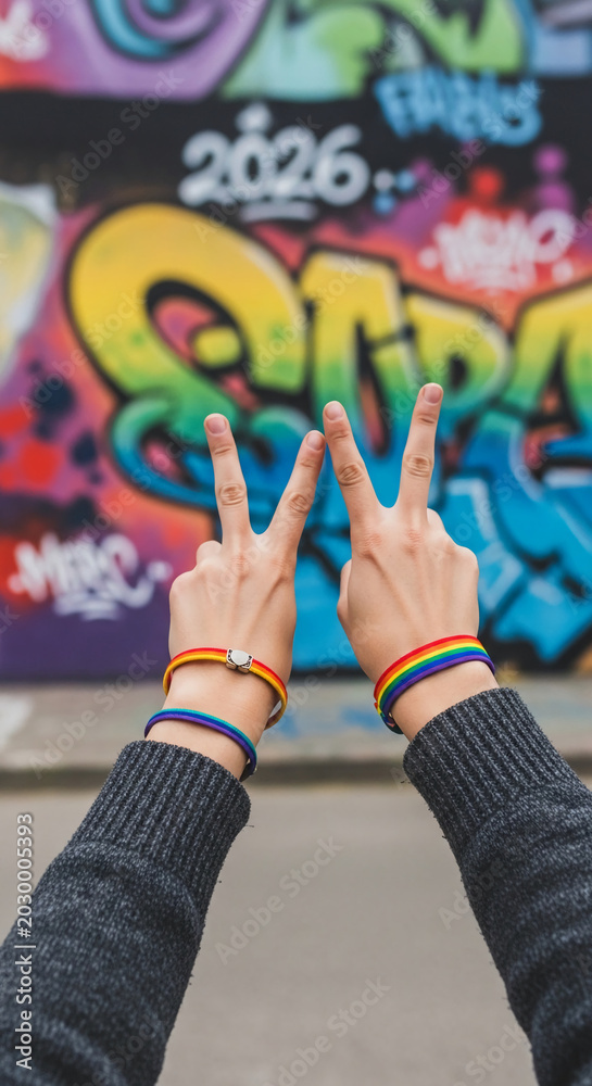 Obraz premium Hands with rainbow wristbands displaying a peace sign against a vibrant graffiti background, symbolizing pride, unity, and urban expression
