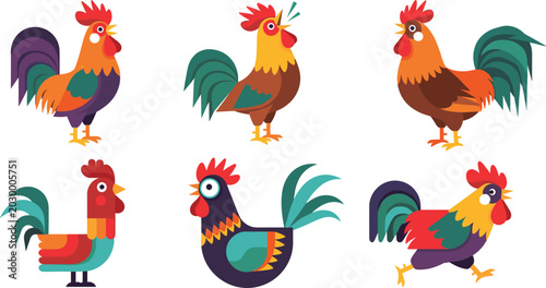Fotografie Colorful Rooster Character Set with Standing, Crowing, Walking, and Running Roos