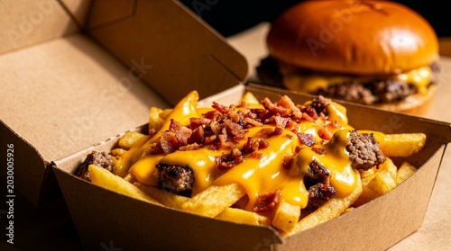 Fotografie Appetizing loaded french fries topped with melted cheese, crispy bacon, and beef in a kraft cardboard takeout box