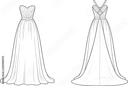 Fotografía Fashion technical flat sketch of an elegant strapless evening gown showing front