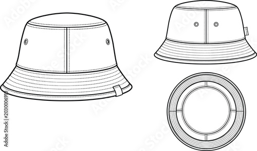 Photos Technical fashion flat sketch of a unisex classic bucket hat showing front side