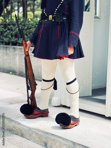 View of the EvzonesTsoliades, a special unit of the Hellenic Army guarding the tomb of the unknown soldier, performing the changing of the guards at syntagma square