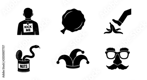 Cuadro en lienzo Prankster joke icons, April Fools' Day gags, funny trickster vector collection