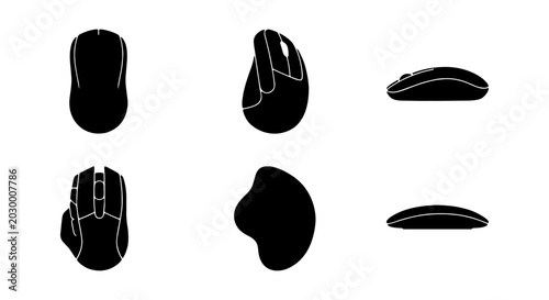 Computer mouse vector icons, black silhouette mouse, ergonomic and wireless device set