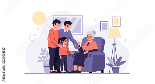 Family gathers around grandmother using laptop for telemedicine consultation at home