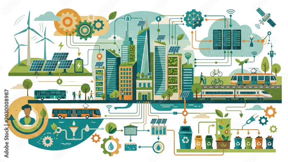 Fototapeta premium Smart City Sustainability Eco Collage with Energy Icons, Recycled Paper Texture Editorial Infographic Background, Modern Environmental Vector Design, Isolated White Layout
