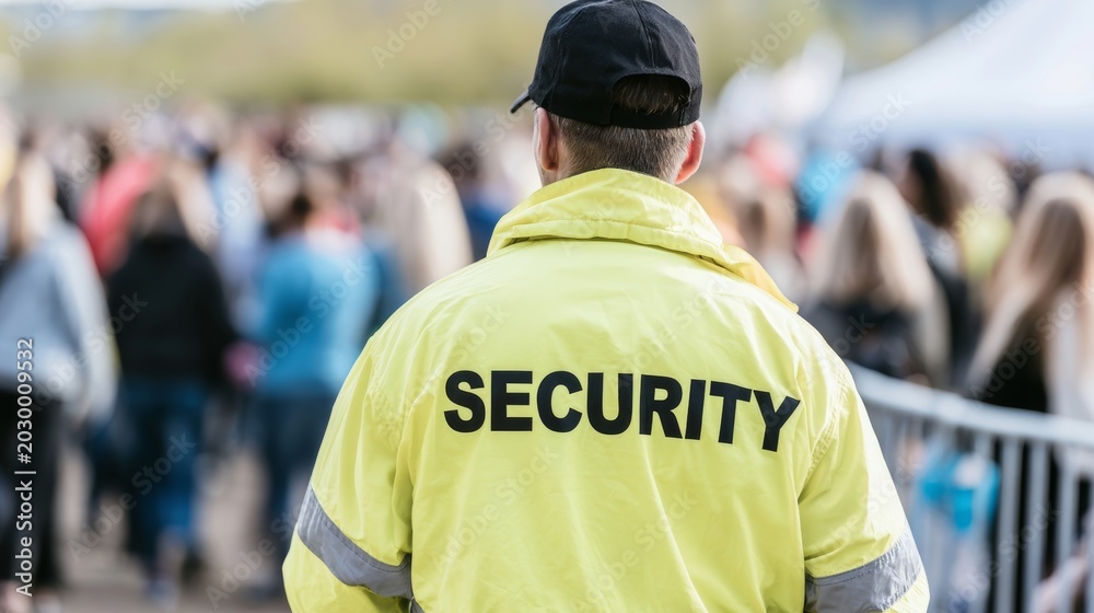 Fototapeta premium Security guard wearing a yellow jacket protecting a crowd at an outdoor event, ensuring public safety
