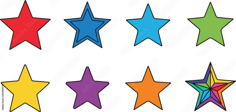 Obraz premium Colorful Star Icon Set with Red, Blue, Green, Yellow, Purple, Orange, and Rainbow Stars for Rating, Award, and Celebration Designs
