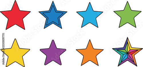 Colorful Star Icon Set with Red, Blue, Green, Yellow, Purple, Orange, and Rainbow Stars for Rating, Award, and Celebration Designs