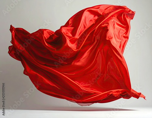 Flowing crimson fabric billows dramatically against a neutral background