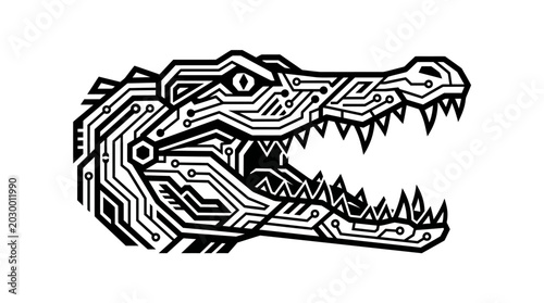 Cybernetic Crocodile Head Illustration Closeup.