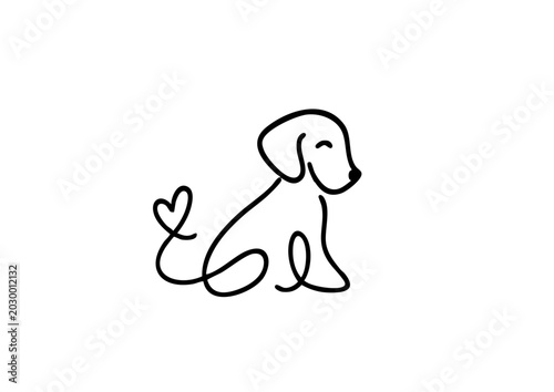 dog silhouette with heart tail animal pet canine line art minimalist simple black white background vector illustration icon logo design puppy love cute adorable domestic