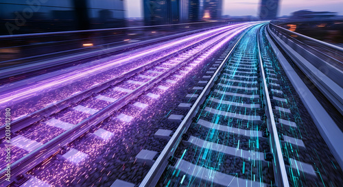 Futuristic train tracks with motion blur and digital light data connections.