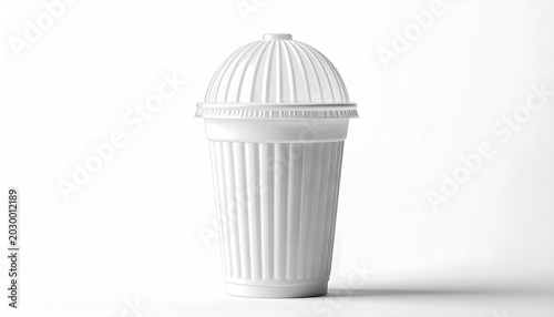 Fluted white plastic disposable cup with domed translucent lid