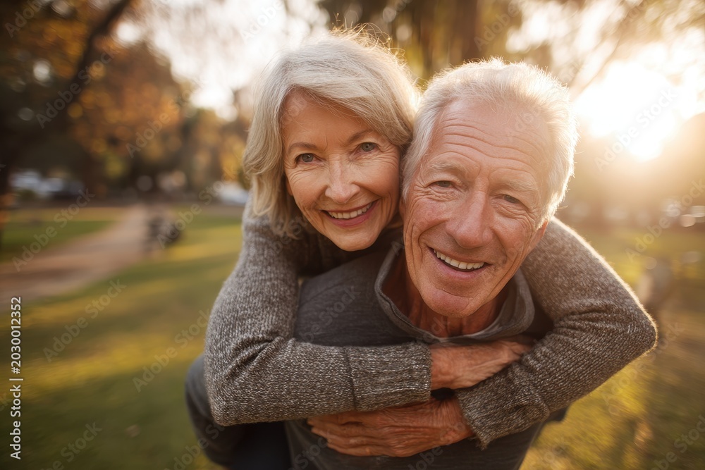 Fototapeta premium Joyful outdoor moment: an active senior couple sharing a playful piggyback ride in a sunlit park