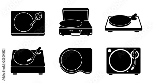 Foto Vintage turntable icon set, retro vinyl record player silhouettes, 6 music equip
