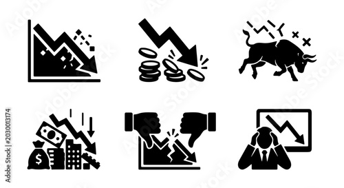 Tableau sur toile Economic downturn vector icons, financial crisis symbols, business recession gra