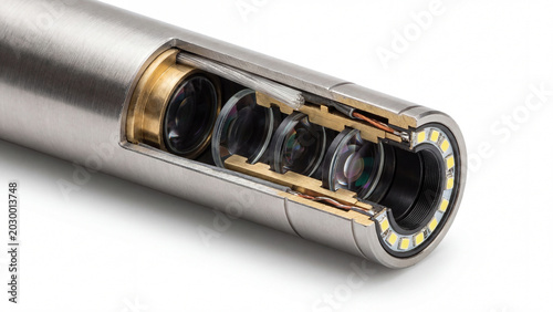 Close up of a medical endoscope with led lighting and optical lenses