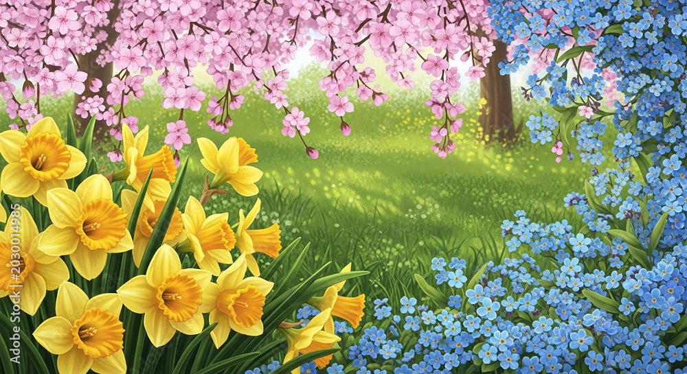 Obraz premium Spring meadow with pink cherry blossom branches and yellow daffodils, blue forget-me-nots, representing rebirth, nature, and renewal, ideal for seasonal themes