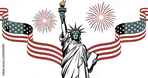 Illustration of statue of liberty with american flag and fireworks on for independence day