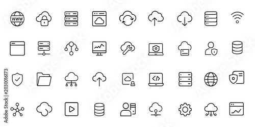 Obraz na plátně Cloud computing and web hosting icons set in linear style