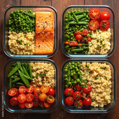 Four glass containers of healthy meals with salmon, grains, peas, green beans, and tomatoes