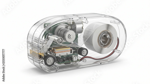 Transparent label maker showing internal components on white background