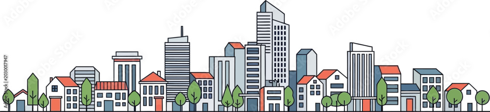 Obraz premium A beautiful panoramic cityscape illustration with detailed buildings skyscrapers and lush green trees in a clean modern architectural line art style