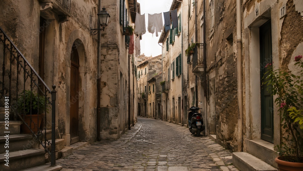 Naklejka premium A narrow cobblestone street in a historic italian village features rustic buildings weathered walls hanging laundry and a parked scooter captured in this authentic street photograph