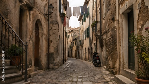 A narrow cobblestone street in a historic italian village features rustic buildings weathered walls hanging laundry and a parked scooter captured in this authentic street photograph