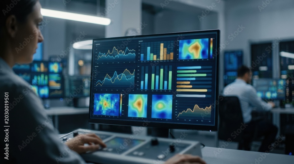 Fototapeta premium Medium shot focused on key performance indicators KPIs within a digital twin interface showcasing dynamic data analysis and yield forecasting for resistor line optimization.