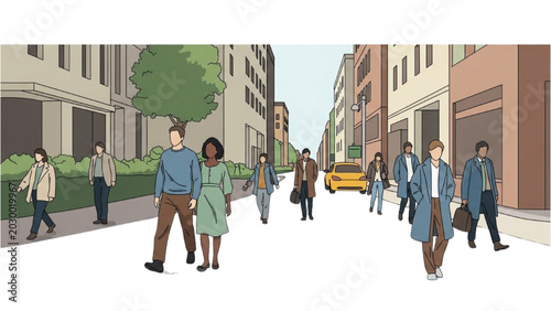 Quadro em tela People walk on a city street with buildings and a yellow taxi