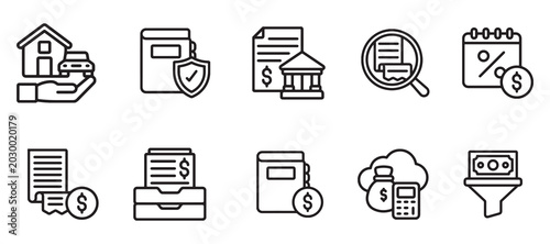 Konstfotografi Personal Finance and Banking Icon Set - Home Insurance, Loan Approval, Tax Calcu