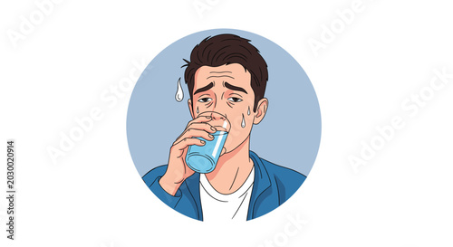 Tired and sweating man drinking glass of water to rehydrate after heat or physical exercise in a circle frame.