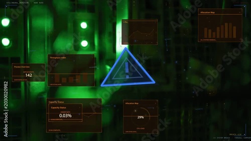 Blue triangle appearing, pulsing while HUD panels fading, stacking and aligning to show rack status
