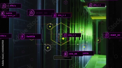 On start HUD fading nodes linking hexagon forming labels shifting showing stable status on rack