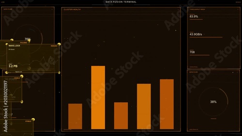 On data pulse, orange bars shifting, left gauge climbing, windows stacking to show cluster health