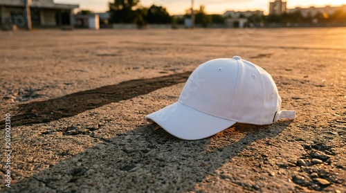 Minimalist White Baseball Cap on Concrete Ground at Sunset Light
