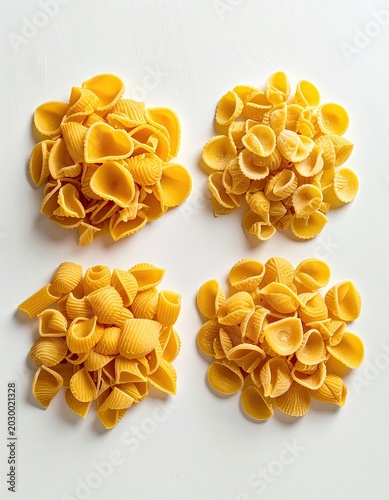 Four piles of shell-shaped pasta against a white background