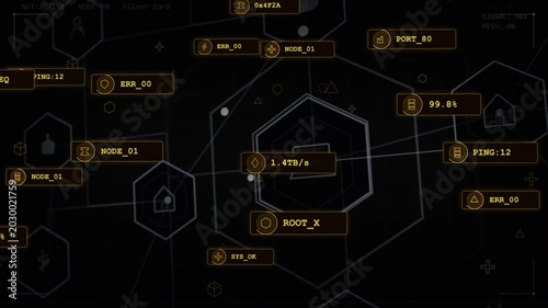 Central hexagon cluster appearing, lines extending and markers orbiting to show network traffic