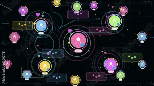 On load, central pink node pulsing and emitting ripples, blue dots moving to show activity