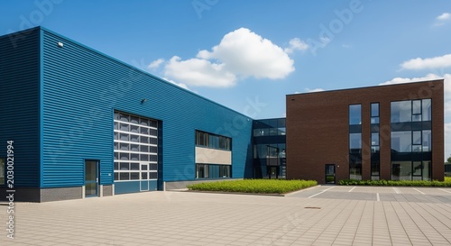 Modern industrial complex with blue corrugated metal and brown brick buildings. Wide paved courtyard under clear sky. Contemporary architecture ideal for commercial, warehouse, or office use.