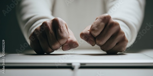 Two fists clenched in front of an open laptop.