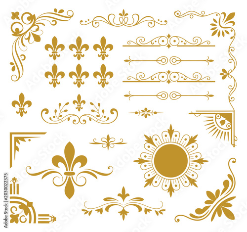 Art Deco Vintage Ornament Borders and Decorative Frame Corners with Elegant Art Nouveau Floral Flourishes on White Background